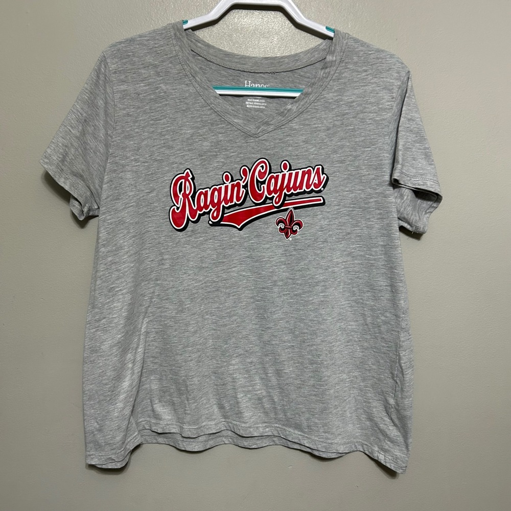 Hanes Women's Tee XL Ragin Cajuns Gray V Neck Short Sleeve T-Shirt Casual Spirit